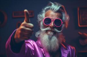 AI generated Older man with grey glasses sticking thumb out in a friendly gesture, age acceptance picture photo