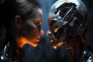 AI generated Intense battle between terminator blade and venom in an epic showdown on screen, robotic technology photo