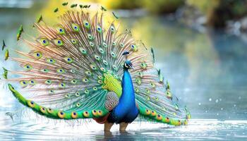 ai generado vistoso pavo real con orgullo muestra vibrante plumas por el agua, bebé animales imagen foto