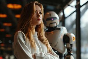 AI generated Confident woman with crossed arms while a robot stands behind her photo