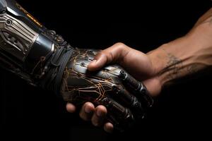 AI generated Human and robot shake hands on black background symbolizing collaboration and agreement in futuristic setting, robotic technology photo