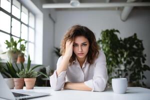 AI generated Stressed female entrepreneur at desk with a headache, financial difficulties photo