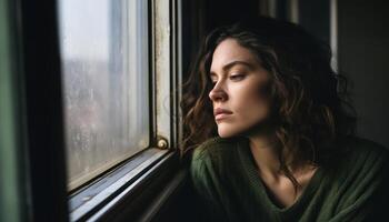 AI generated Woman looking out window at home, urban transportation image photo