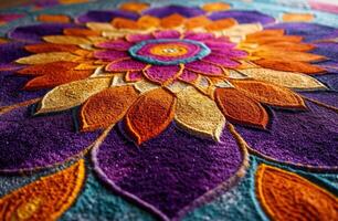 ai generado vibrante rangoli festival en India transforma con alegre colores y intrincado diseños, gudi Padwa tradicional decoración imagen foto