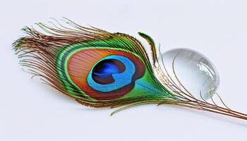 AI generated A glistening water drop adorns a stunning peacock feather, baby animals photo