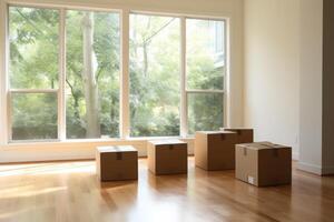 AI generated A lonely cardboard box sits in a bright, sunny room, moving day image photo