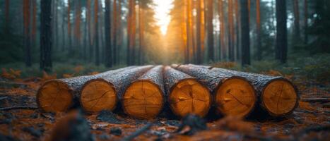 AI generated Wood logs scattered in the forest, deforestation and logging image photo