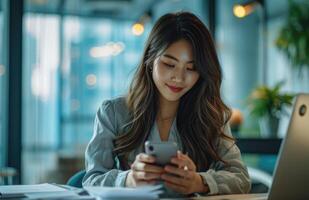 AI generated Professional business woman holds smartphone while working at desk, personal accountability picture photo
