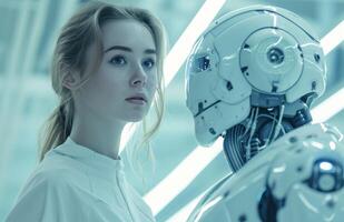 AI generated Woman standing with a robot friend in a delightful encounter photo