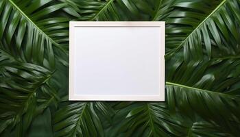 AI generated White paper with palm leaf surrounded by arranged green leaves creating a serene background, palm sunday crafts image photo