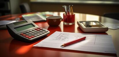 AI generated Woman in red calculating money balance with a calculator and jotting down financial figures on paper, home loan paperwork image photo