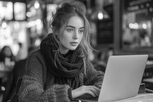 AI generated Woman sitting at table with laptop, urban downsizing picture photo