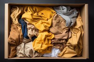 AI generated Neatly folded clothes arranged in a cardboard box for storage or donation, packing and decluttering picture photo