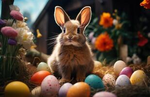 AI generated A cute bunny lounges on green grass with colorful easter eggs in the backdrop, easter bunny concept photo