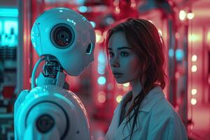 AI generated Lady in lab coat stands with a robot photo