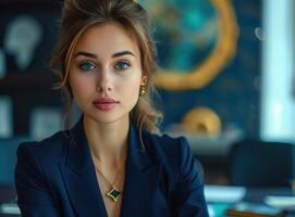 AI generated Beautiful young professional woman working in the office with dedication and focus on her tasks, responsibility picture photo