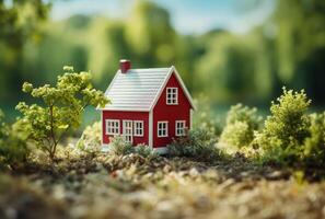 AI generated Tiny toy house rests peacefully on summer grass, tiny homes image photo