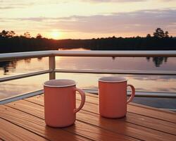 AI generated Two coffee mugs on a wooden deck by the lake outdoors, coffee mug image hd photo