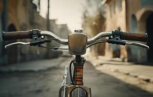 AI generated Focused camera lens highlights the intricate details of a bicycle handle, public transport city picture photo