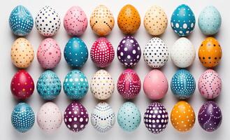 AI generated Vibrant easter eggs form a lively pattern on a pink backdrop, easter symbols image photo