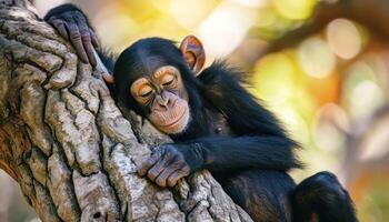 ai generado joven chimpancé pacíficamente salones en un árbol, raro especies imagen foto