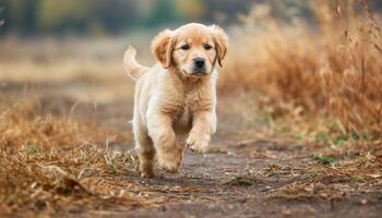 ai generado juguetón perrito alegremente carreras mediante el escénico campo, bebé animales imagen foto