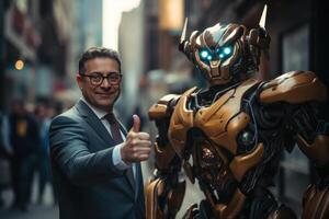 AI generated A businessman giving a fist pump to a robotic robot in a gesture of celebration and partnership, robotic technology photo