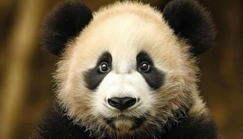 AI generated Adorable panda cub gazes at the camera with curiosity and innocence, baby animals image photo