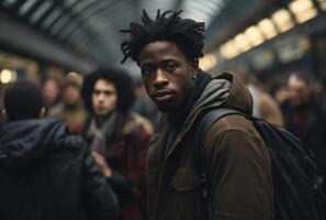 ai generado negro hombre a tren estación observando un bullicioso multitud de diverso gente, público transporte ciudad imagen foto