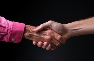 AI generated Senior man giving a firm handshake in a studio, age acceptance image photo