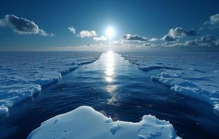 AI generated Sun shining on open sea ice creating a sparkling magical scene of nature beauty, global temperature rise image photo