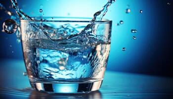 ai generado claro vaso llena con refrescante agua burbujas creciente como eso apaga sed en un soleado día, agua fluir imagen foto