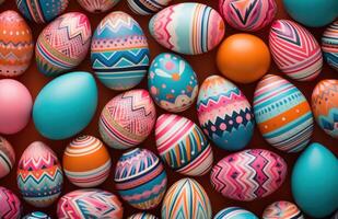 AI generated Colorful pattern of painted easter eggs on pink background, easter symbols picture photo