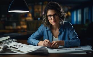 AI generated Woman diligently working with paperwork at her desk focused and organized in her tasks, corporate paper reports image photo
