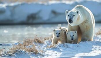 AI generated Polar bear and cubs playfully explore snowy surroundings by the lake, baby animals image photo