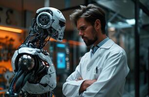 AI generated Scientist examines robot with crossed arms evaluating its features and functions in the laboratory photo