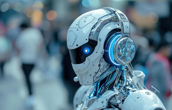 AI generated Robot in headphones enjoying music in a vibrant image photo