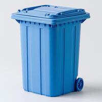 AI generated Blue recycling bin on a clean white background, composting and waste reduction image photo