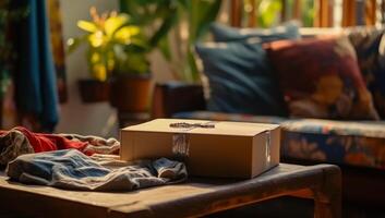 AI generated Table with a pack box, packing and decluttering image photo