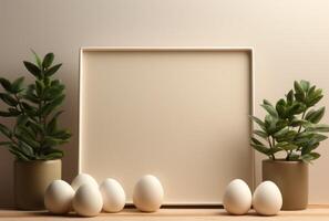 AI generated Easter eggs and vibrant green plants arranged within a wooden frame against a beige backdrop, easter celebrations photo