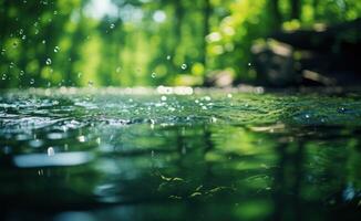 ai generado cristal claro agua con amable verde bokeh capturar el esencia de un expansivo y abierto paisaje acuático, naturaleza y agua imagen foto