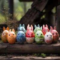 AI generated Colorful eggs with bunny ears arranged in a line on grass creating a festive and playful easter scene, easter bunny image photo