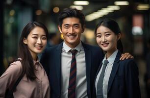 AI generated Three asian business people happily smiling together, reconciliation acceptance image photo