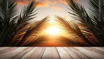 AI generated Palm leaf and branches form a cross on a wooden table with the warm rays of sunset in the background, palm sunday sunrise sunset image photo