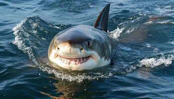 ai generado majestuoso genial blanco tiburón superficies apagado el costa, submarino marina vida imagen foto