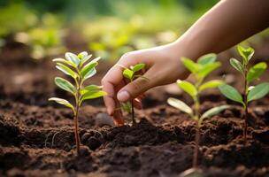 AI generated Planting small trees in a field with care, social responsibility concept photo