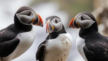 AI generated Three puffins on skomer island gathered in a huddle, rare species picture photo