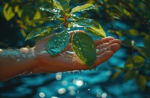 ai generado humano mano sumergido en agua debajo un árbol hoja, limpiar agua acceso imagen foto