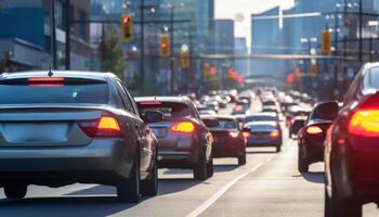 AI generated Cars drive down a bustling street in close up view capturing the vibrant energy of urban life, urban transportation image photo