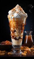 AI generated Iced caramel coffee with cream on top, coffee image photo